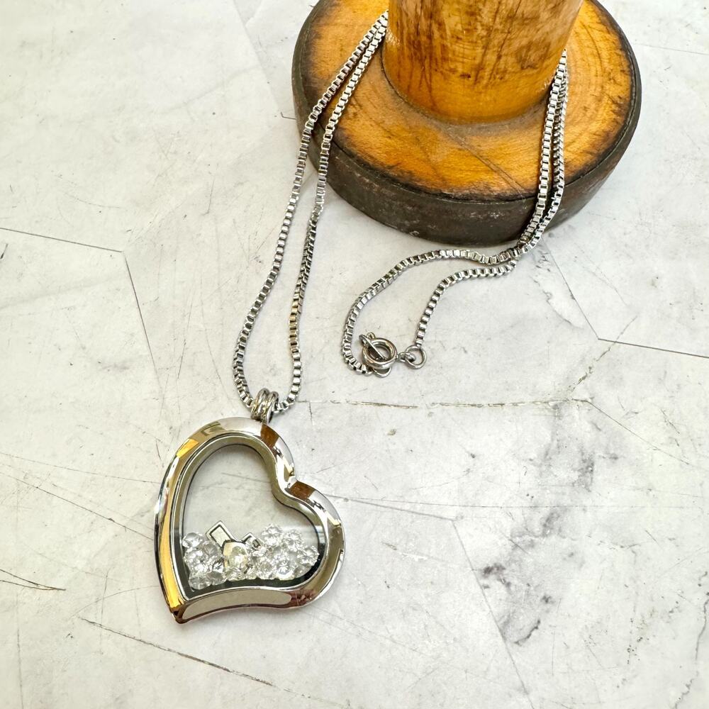 Floating Heart Locket Necklace Clear Pendant Cross 22 Crystals IBB Stainless